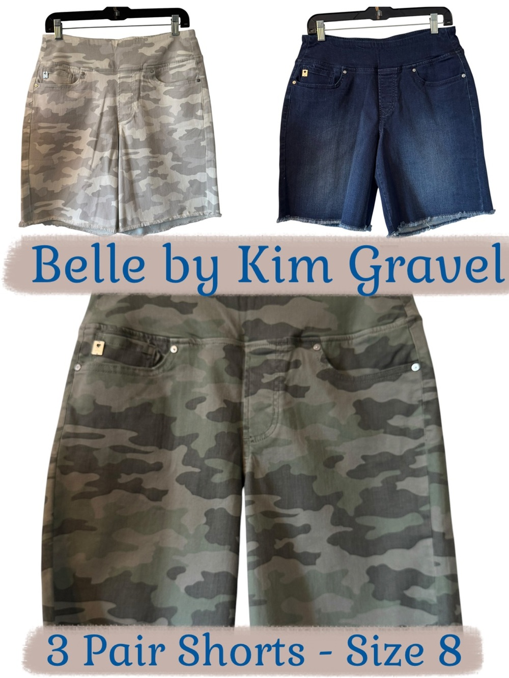 Belle Kim Gravel Shorts Bundle Camo Denim Size 8